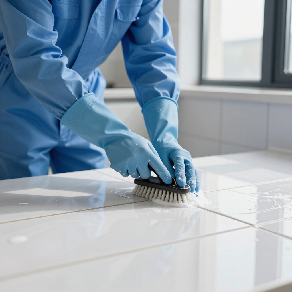 Blue-gloved cleaner scrubbing white tiled floor with a brush in a bright room