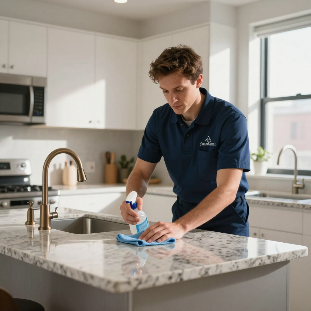 Person cleaning a granite kitchen island with a spray bottle and cloth in a bright modern kitchen