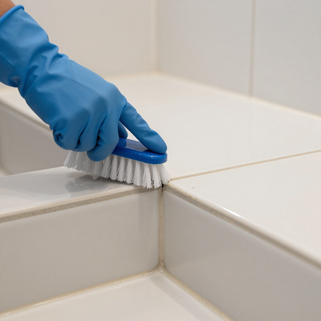 Blue-gloved hand scrubbing white tile grout with a brush in a bathroom or kitchen corner