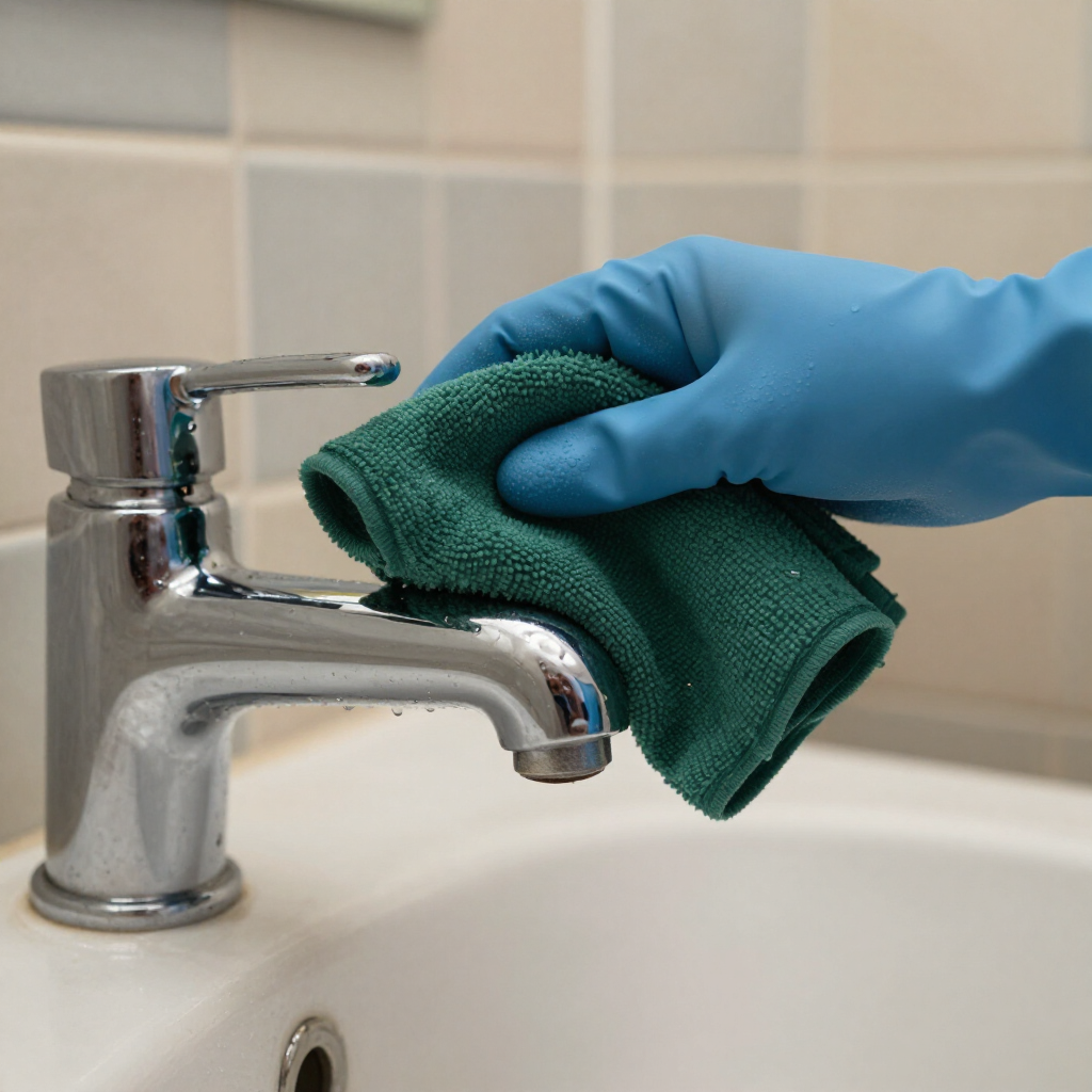 Blue-gloved hand wiping a bathroom faucet with a green cloth