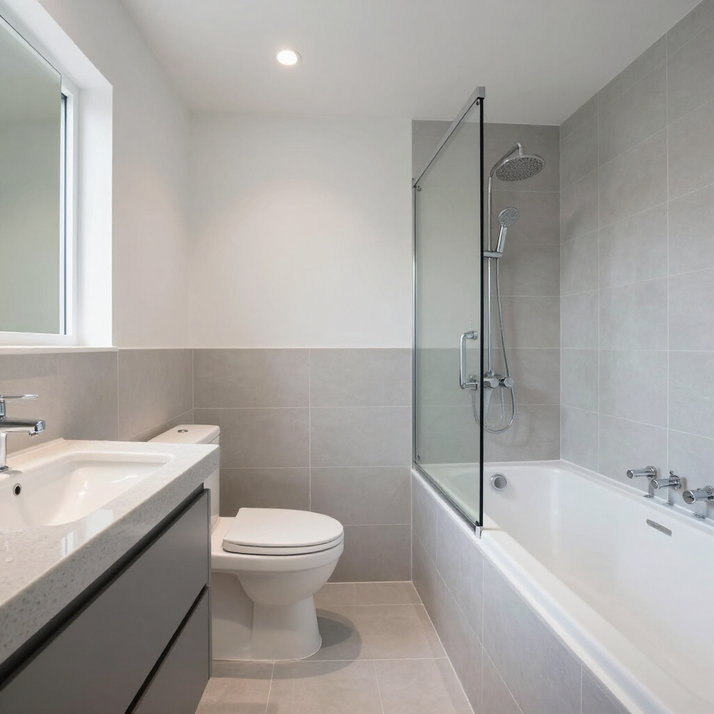 Modern bathroom with white vanity, toilet, and bathtub with glass shower screen, in light gray tones