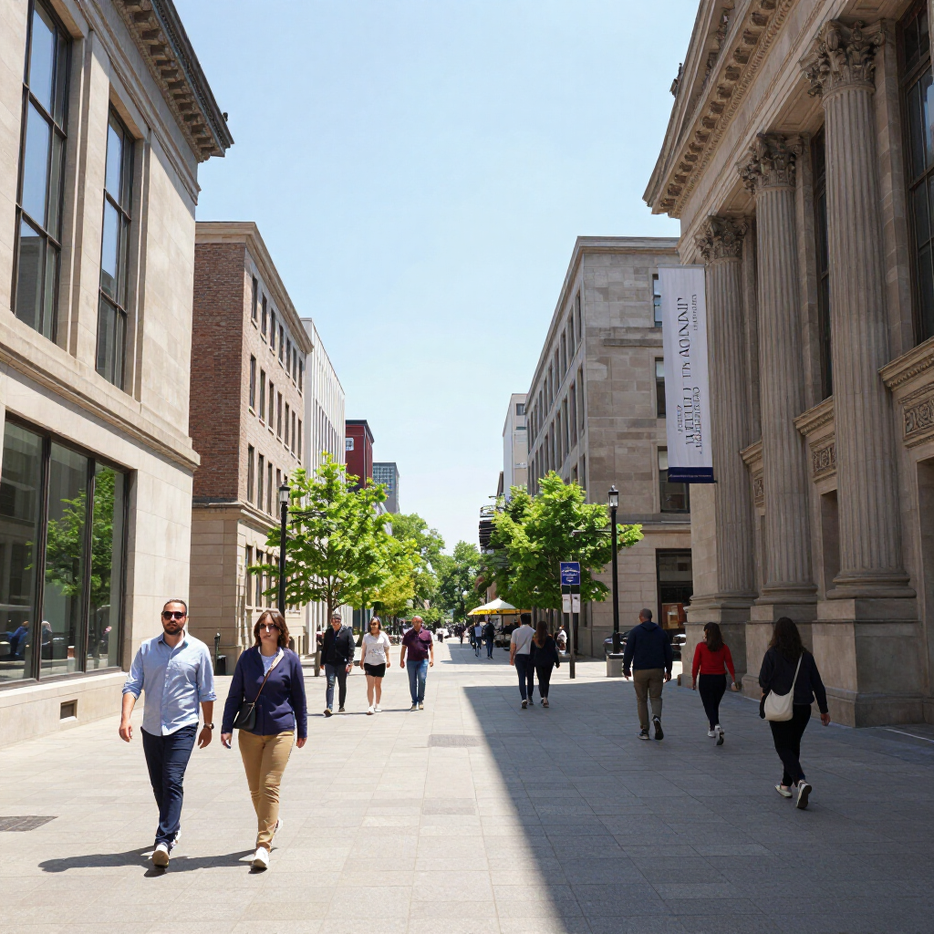 Pedestrian street between stone buildings with people walking under a bright blue sky