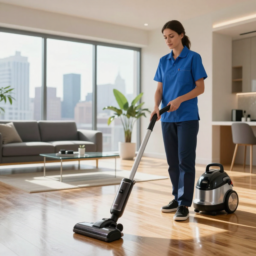 Woman vacuuming a bright living room with a black and silver vacuum cleaner