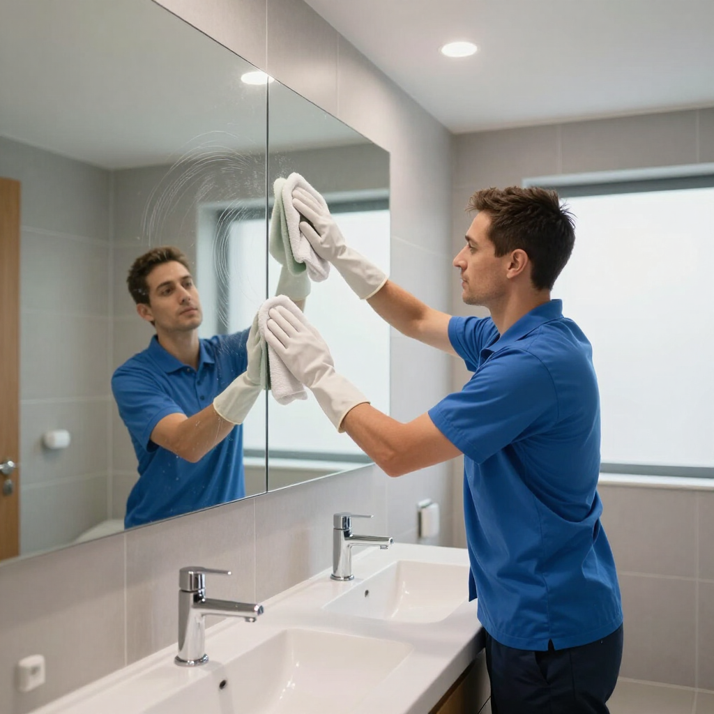 Man cleaning a bathroom mirror with a cloth, reflected above a white sink and countertop.