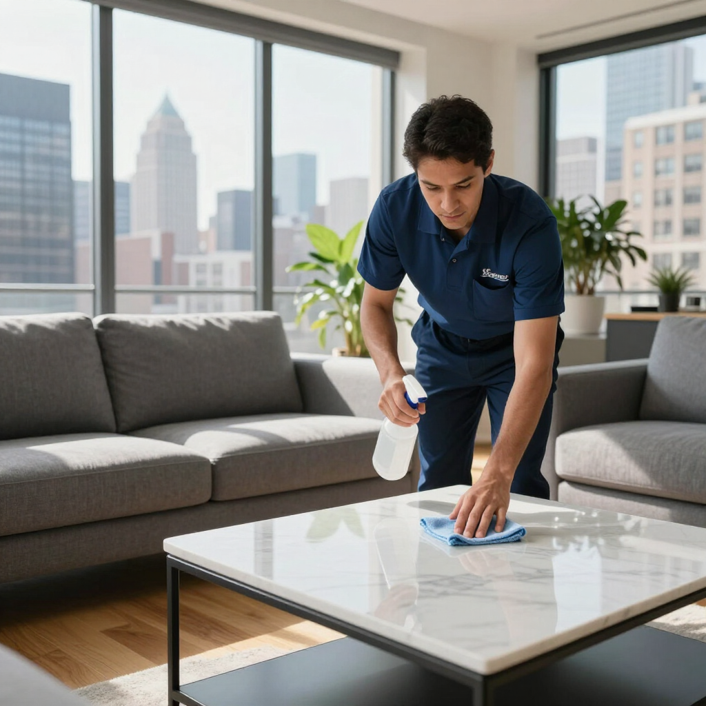 Cleaner wiping a glass coffee table in a modern living room with a city view