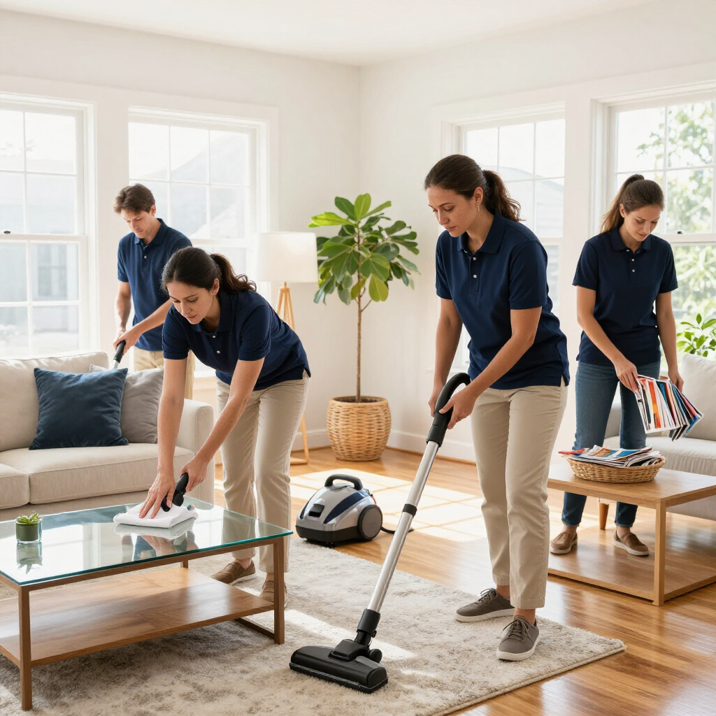 Three people cleaning a bright living room with a vacuum, mop, and cloth around a glass coffee table.