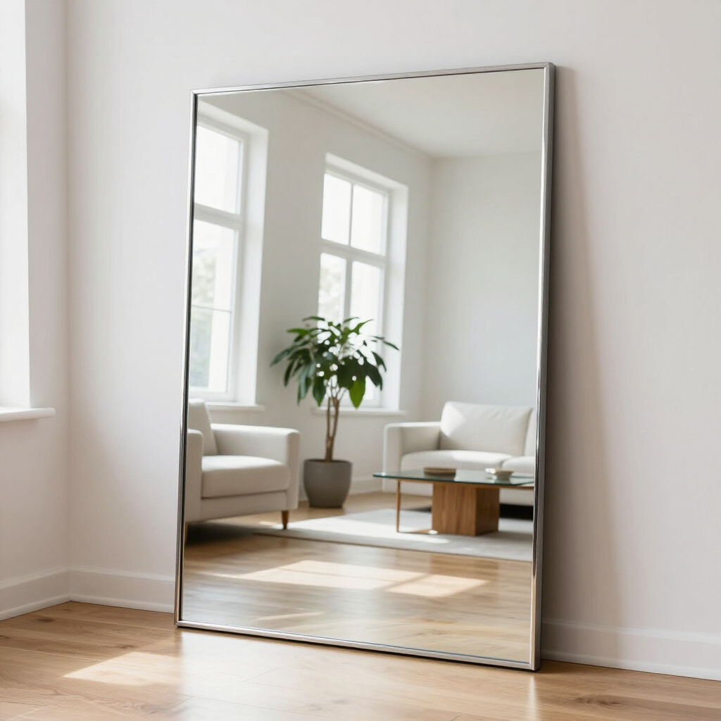 Large floor mirror reflecting a bright living room with white chairs, a plant, and wooden floor.