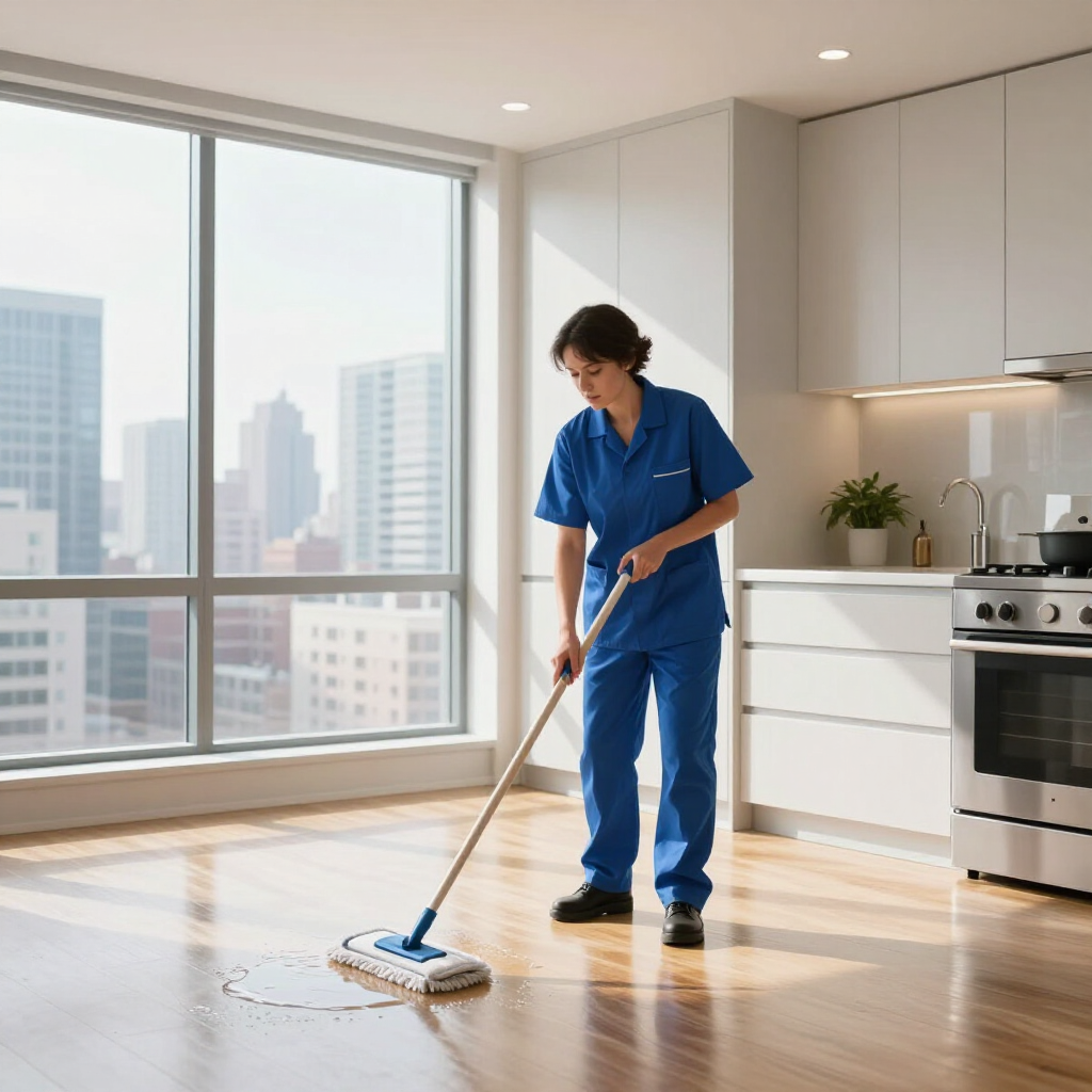 Cleaner mopping a bright kitchen floor in an apartment with large city windows