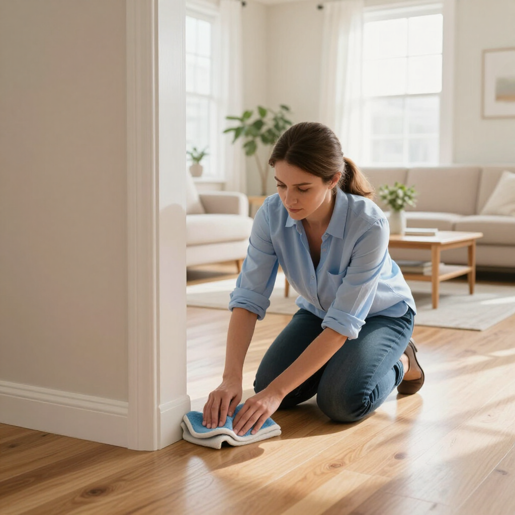 Person kneeling on wooden floor, wiping up a spill with a cloth in a bright living room