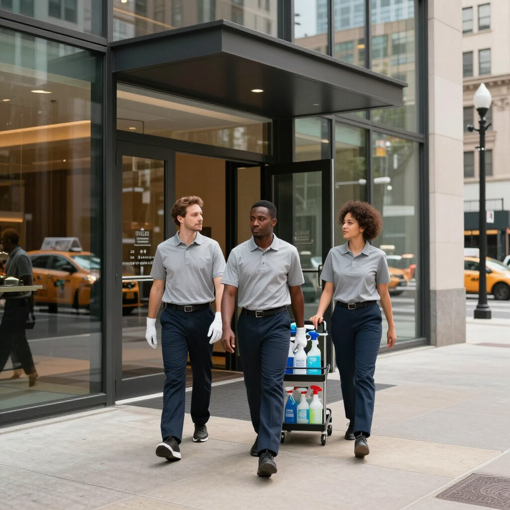 Three people in work uniforms pushing a cart of bottled water outside a glass building.