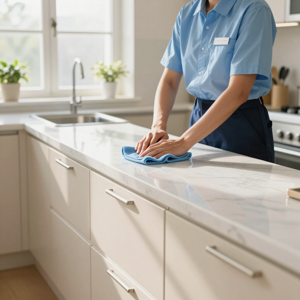 Person wiping a white kitchen countertop with a blue cloth near a sink and window