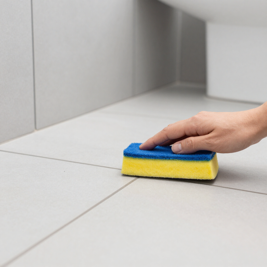 Hand scrubbing a light gray tile floor with a blue and yellow sponge