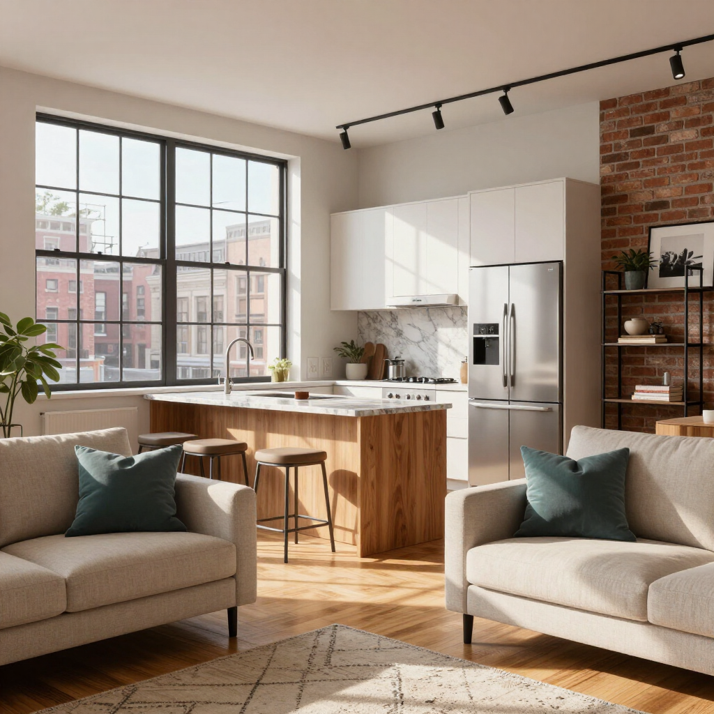 Bright modern living room and kitchen with beige sofas, white cabinets, wood island, and large window