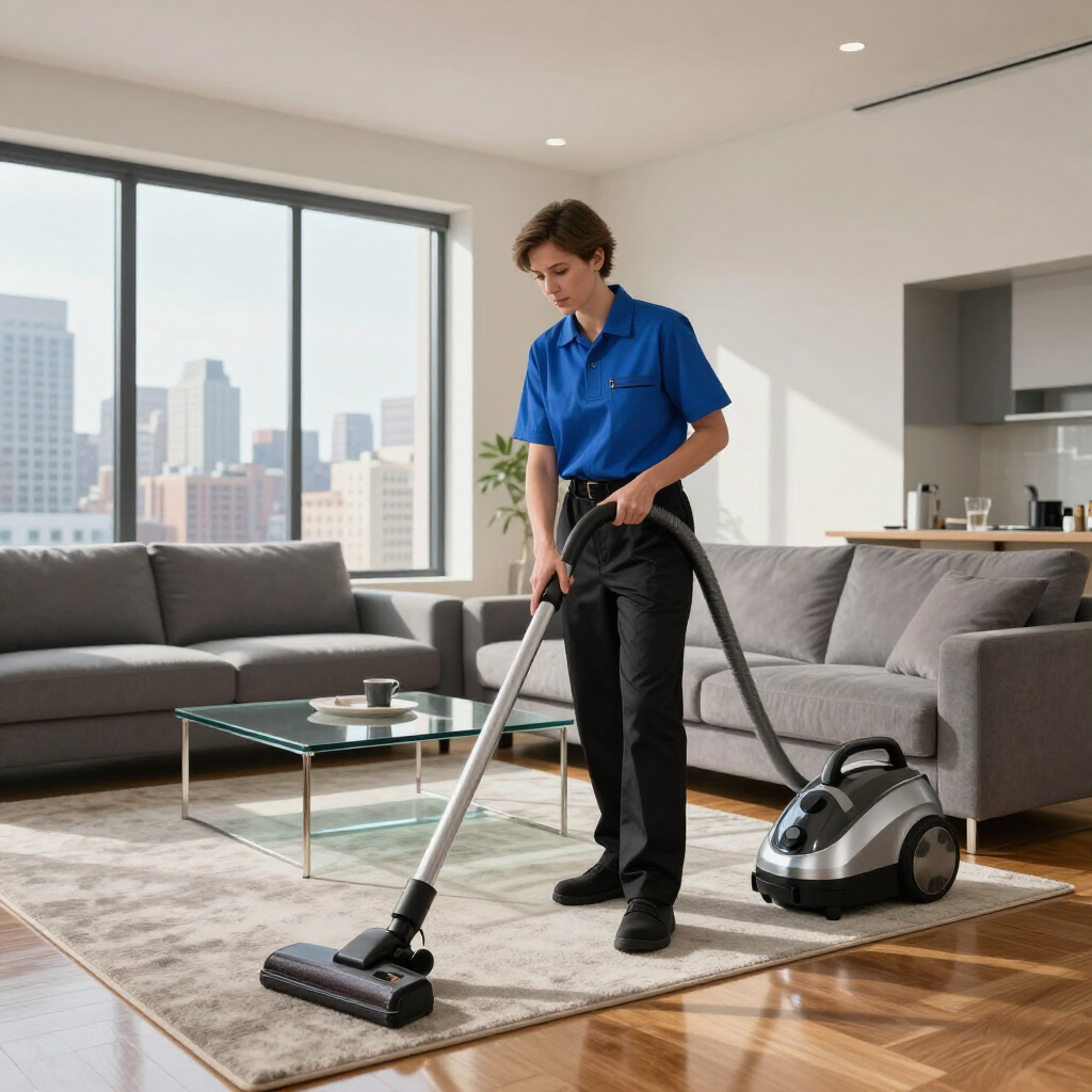 Person vacuuming a living room with a cordless vacuum, near gray sofas and a large window.