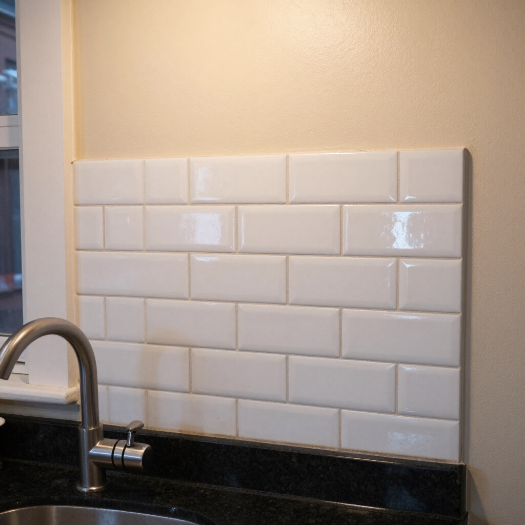 White subway tile backsplash above a black countertop with a chrome faucet in a kitchen sink area