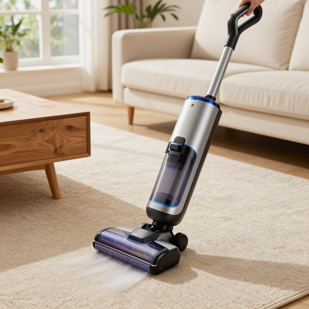 Cordless vacuum cleaning a beige carpet in a sunlit living room