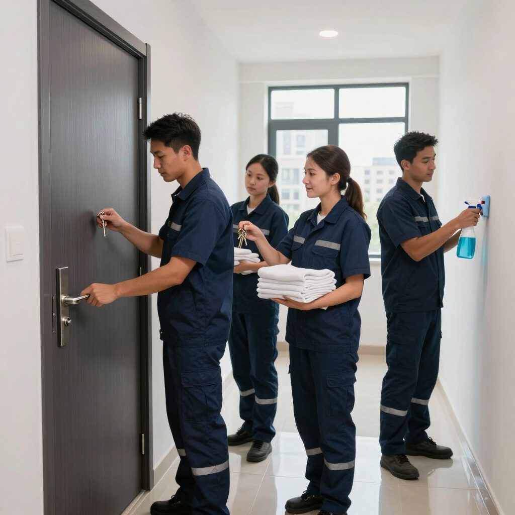 Four uniformed maintenance staff cleaning a bright hallway, one opening a door and another spraying a wall.