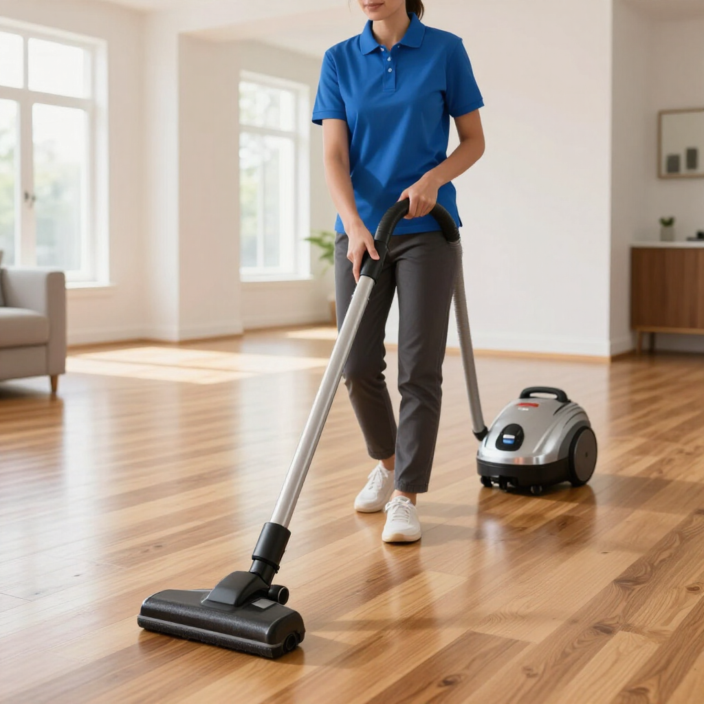 Person vacuuming a sunlit hardwood floor with a canister vacuum in a bright room