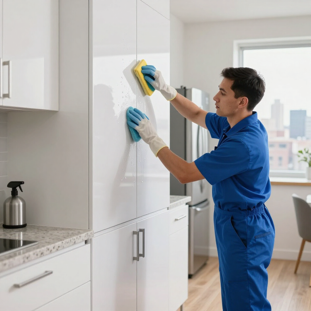 Person in blue coveralls cleaning a white cabinet in a bright kitchen with a sponge and cloth