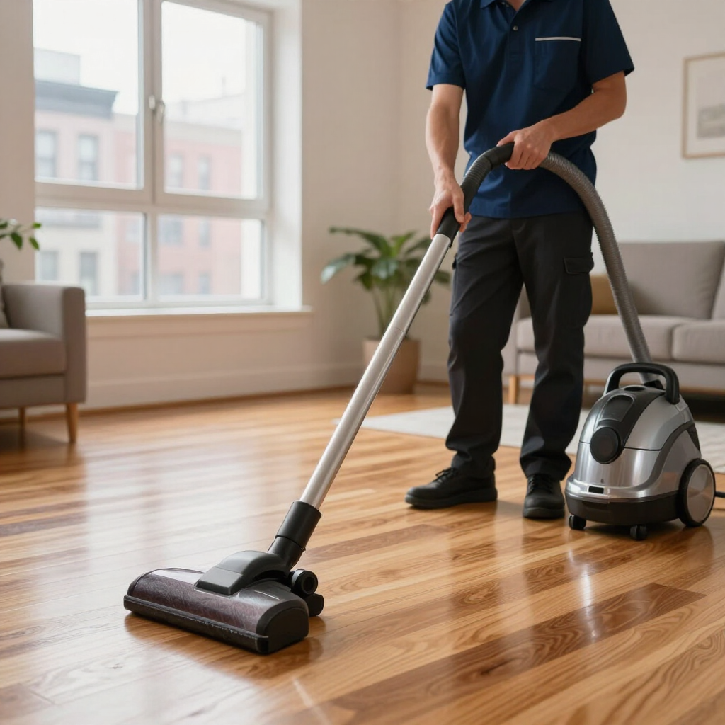 Person vacuuming a hardwood floor in a bright living room with a canister vacuum