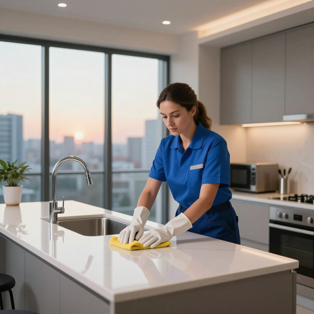 Cleaner wiping a kitchen island in a modern apartment kitchen at sunset