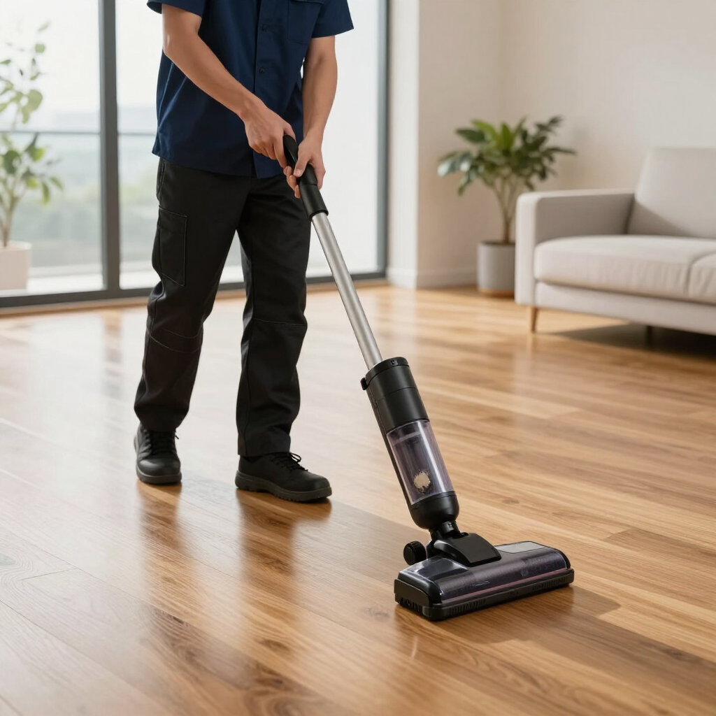 Person vacuuming a hardwood floor in a bright living room