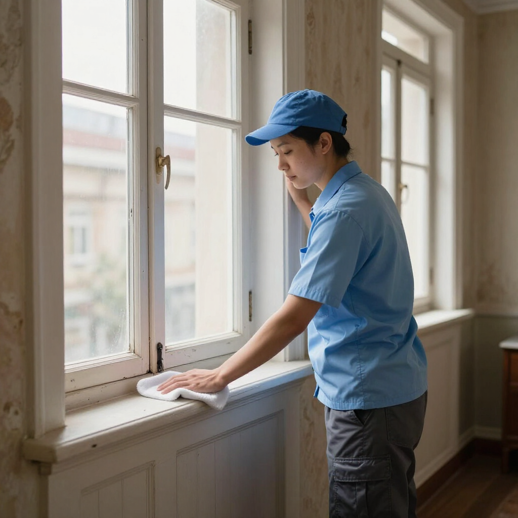 Person in blue uniform cleaning a windowsill beside large windows in a sunlit room