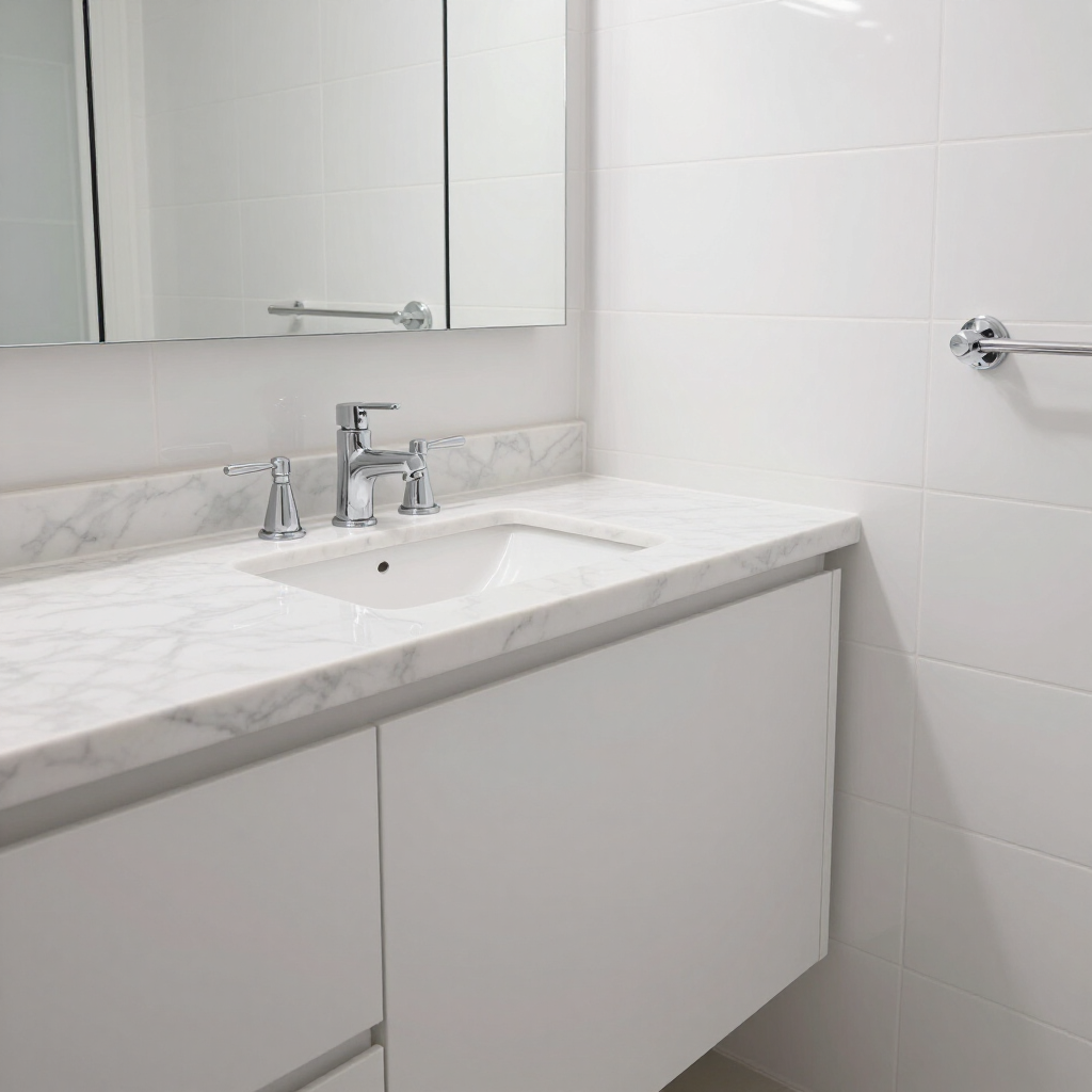 Modern white bathroom vanity with marble countertop, mirror, chrome faucet, and tiled walls