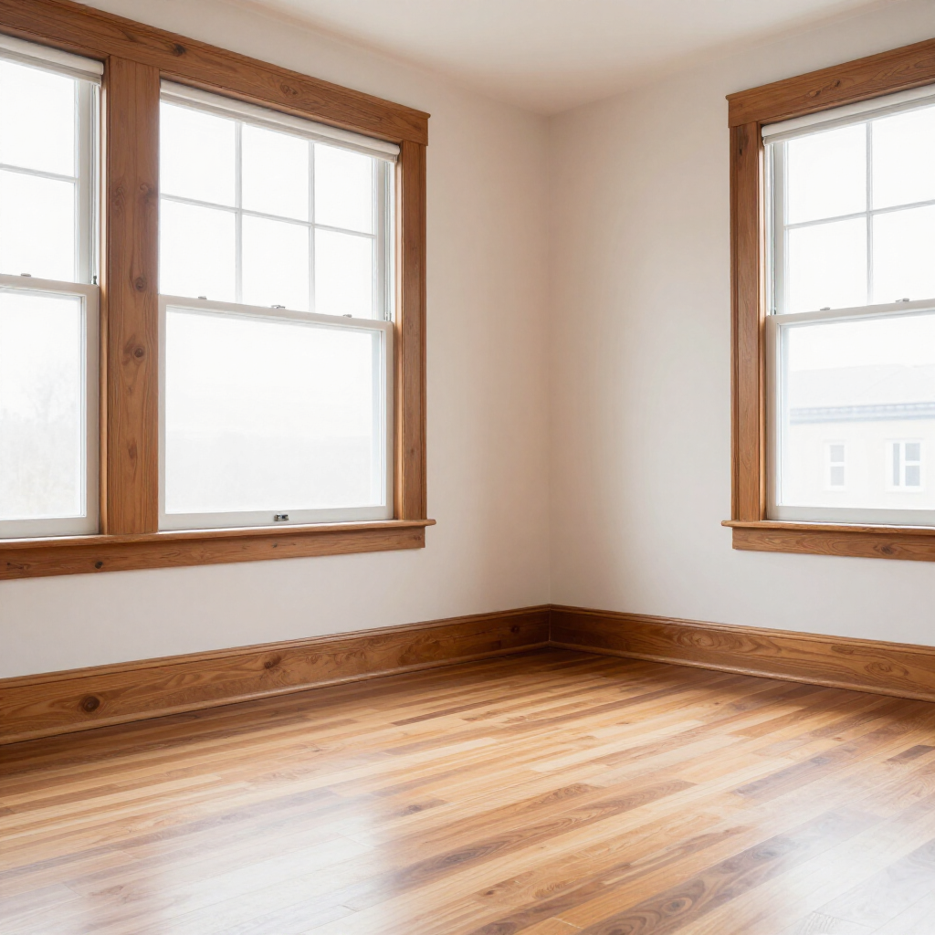 Empty sunlit room with hardwood floors and two large windows with wood trim.