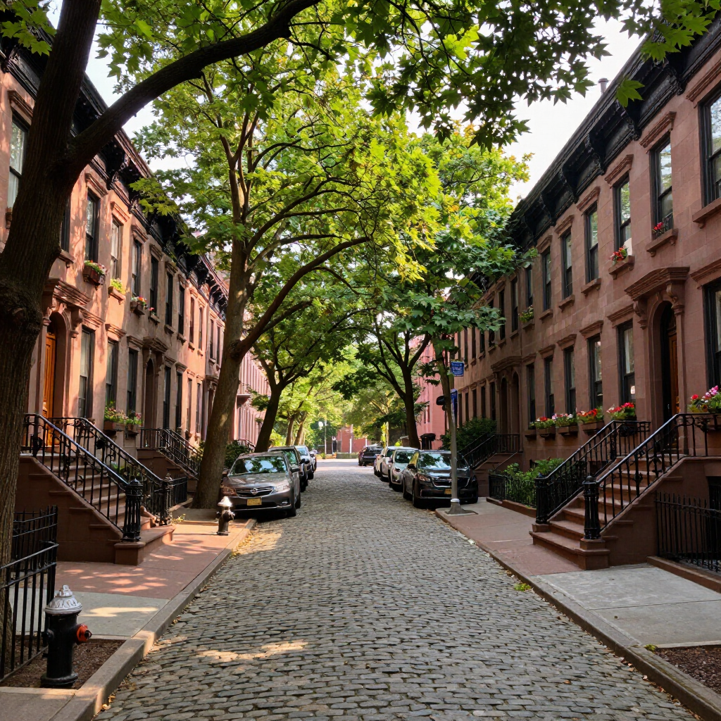 Cobblestone street lined with brownstone row houses and parked cars under leafy trees on a sunny day