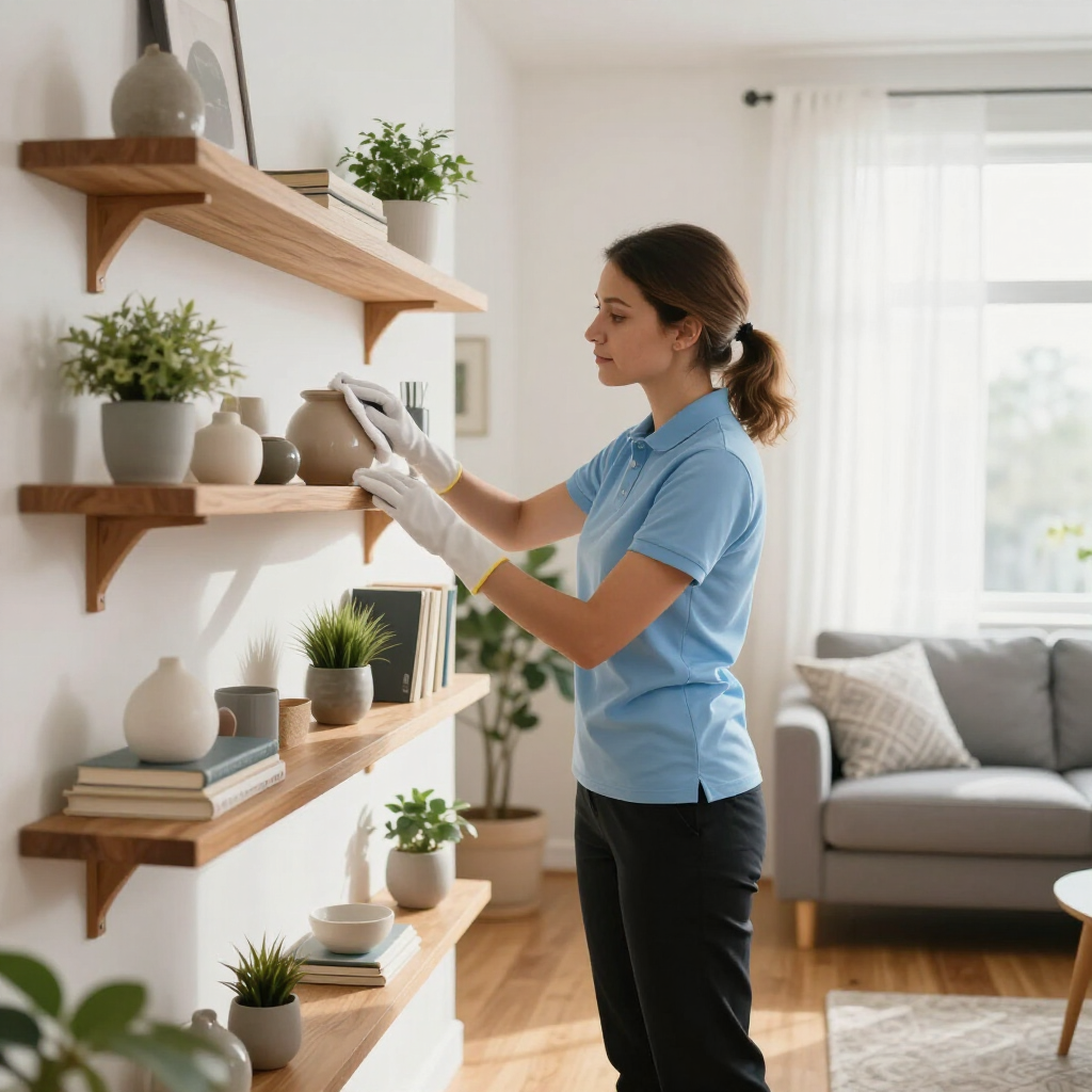 Woman arranging potted plants on wooden wall shelves in a bright living room