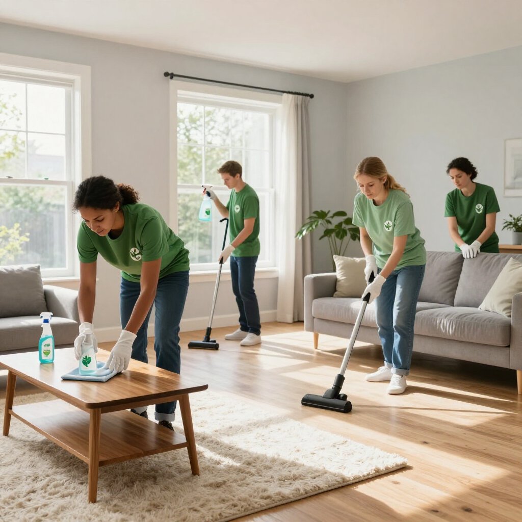 Four people cleaning a bright living room with vacuum and mop around a coffee table and sofa