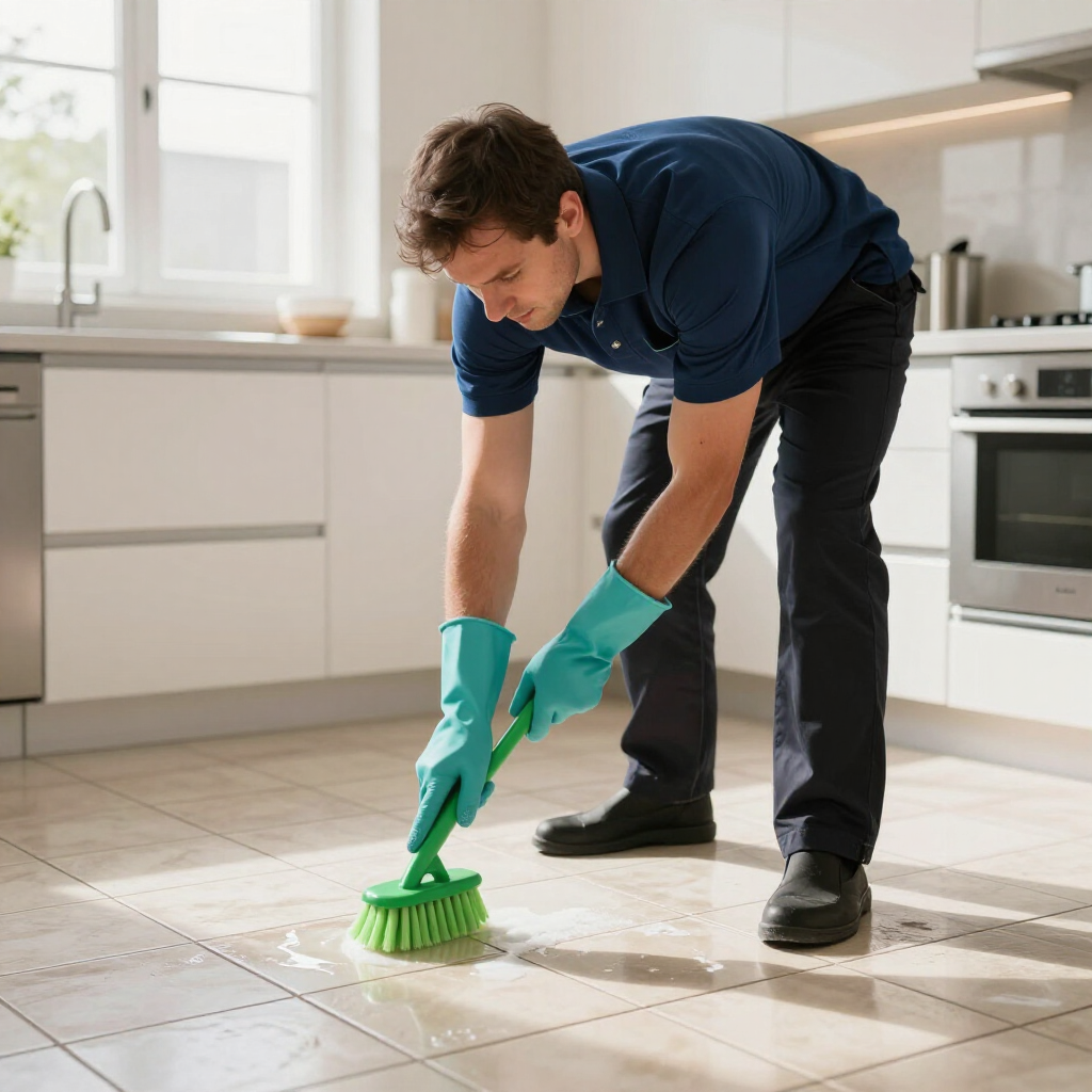 Person in teal gloves scrubs a kitchen tile floor with a green brush.