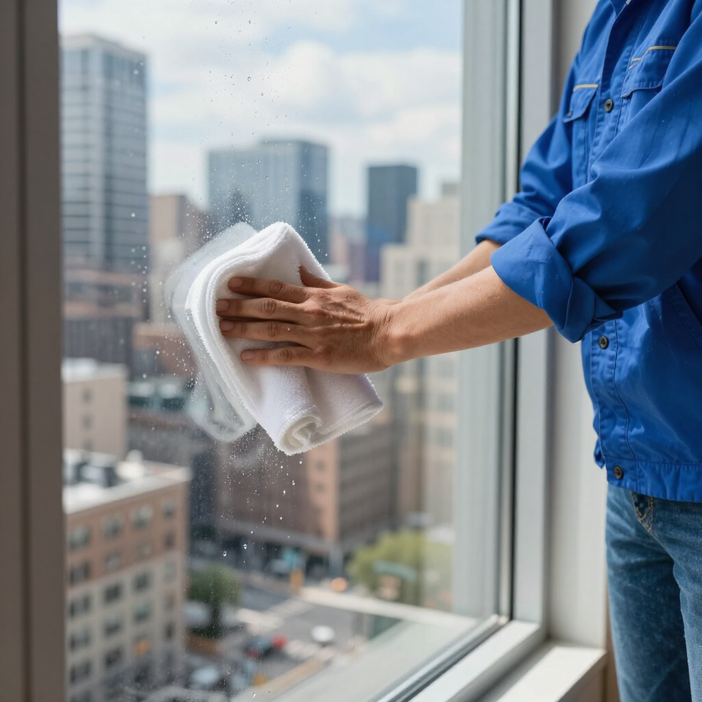 Person cleaning a window with a cloth, city skyline visible through the glass