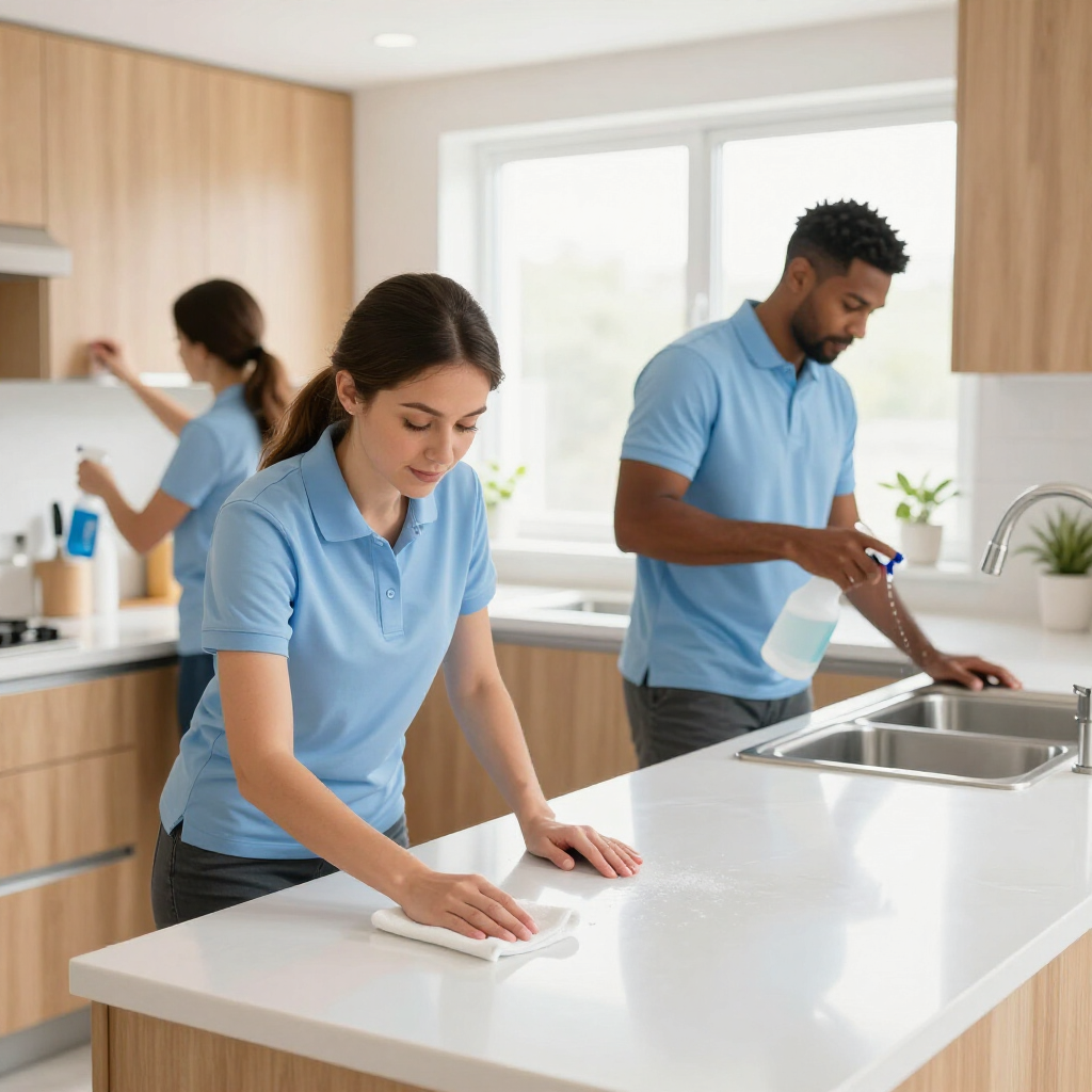 Three people cleaning a bright kitchen, wiping countertops and washing dishes at the sink