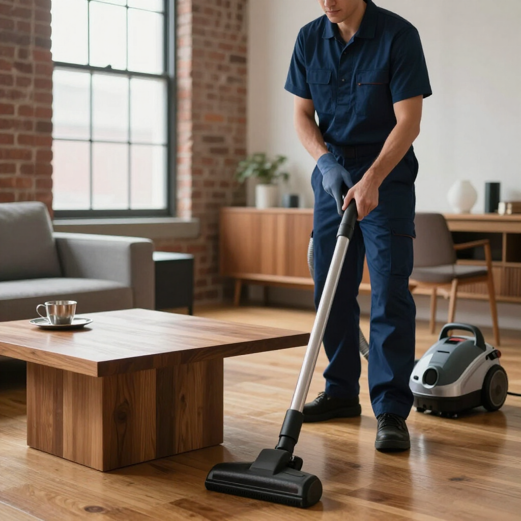 Person vacuuming a wooden floor in a modern living room beside a coffee table and sofa