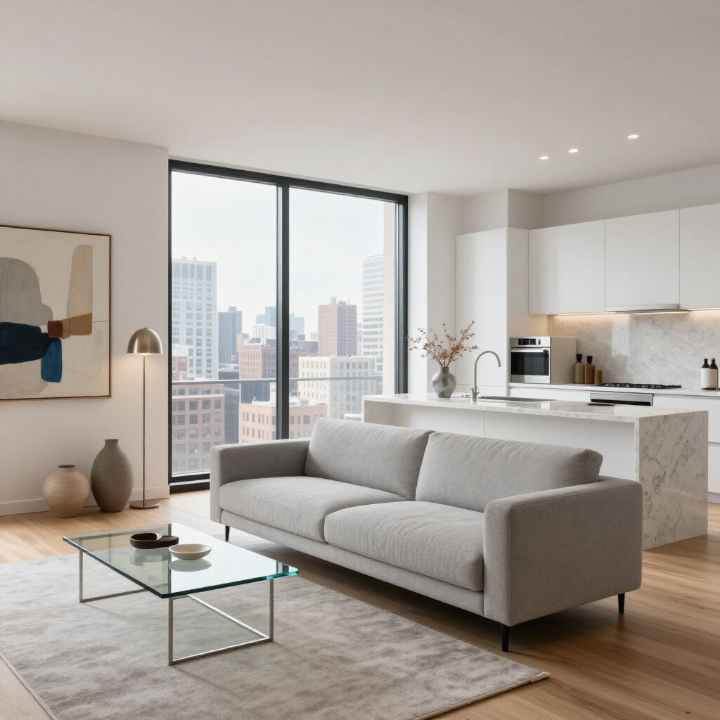 Modern open-plan living room with gray sofa, glass coffee table, and city view through large windows