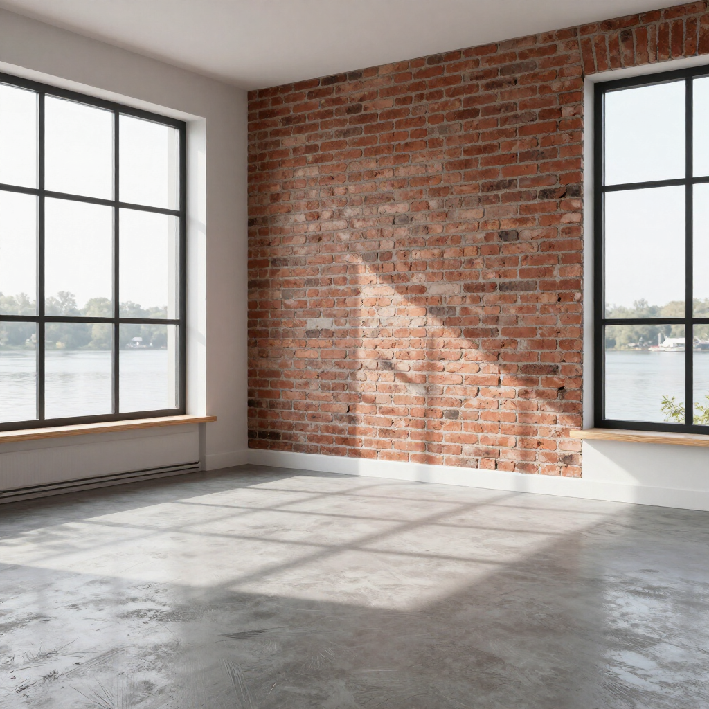 Empty loft with exposed brick wall, large black-framed windows, and sunlight casting shadows on the concrete floor