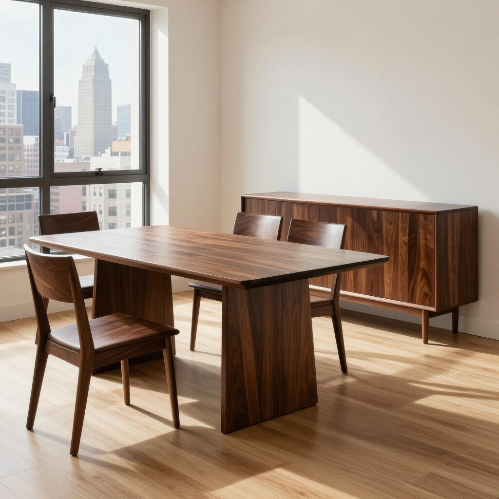 Modern wooden dining table and chairs in a sunlit room with city view through large windows.
