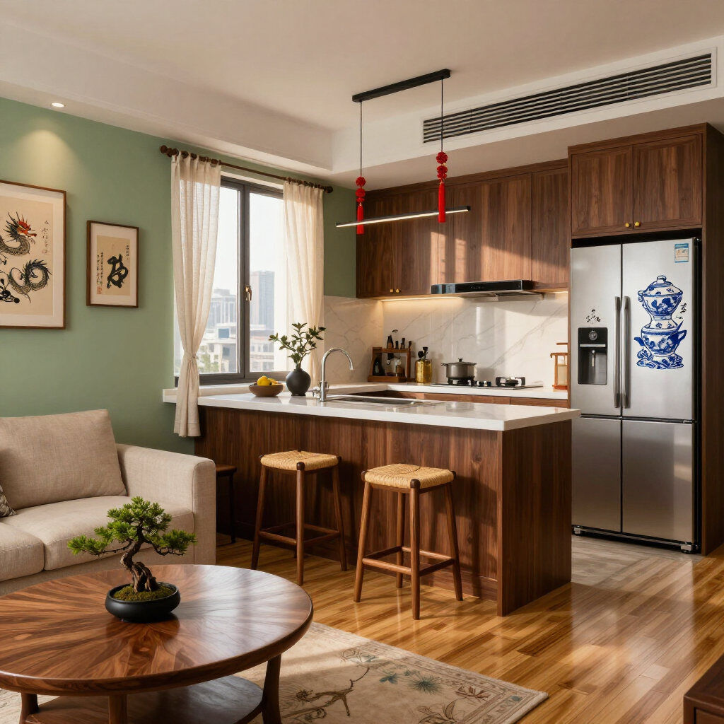 Cozy open-plan kitchen and living room with wood cabinets, island stools, sofa, and round coffee table