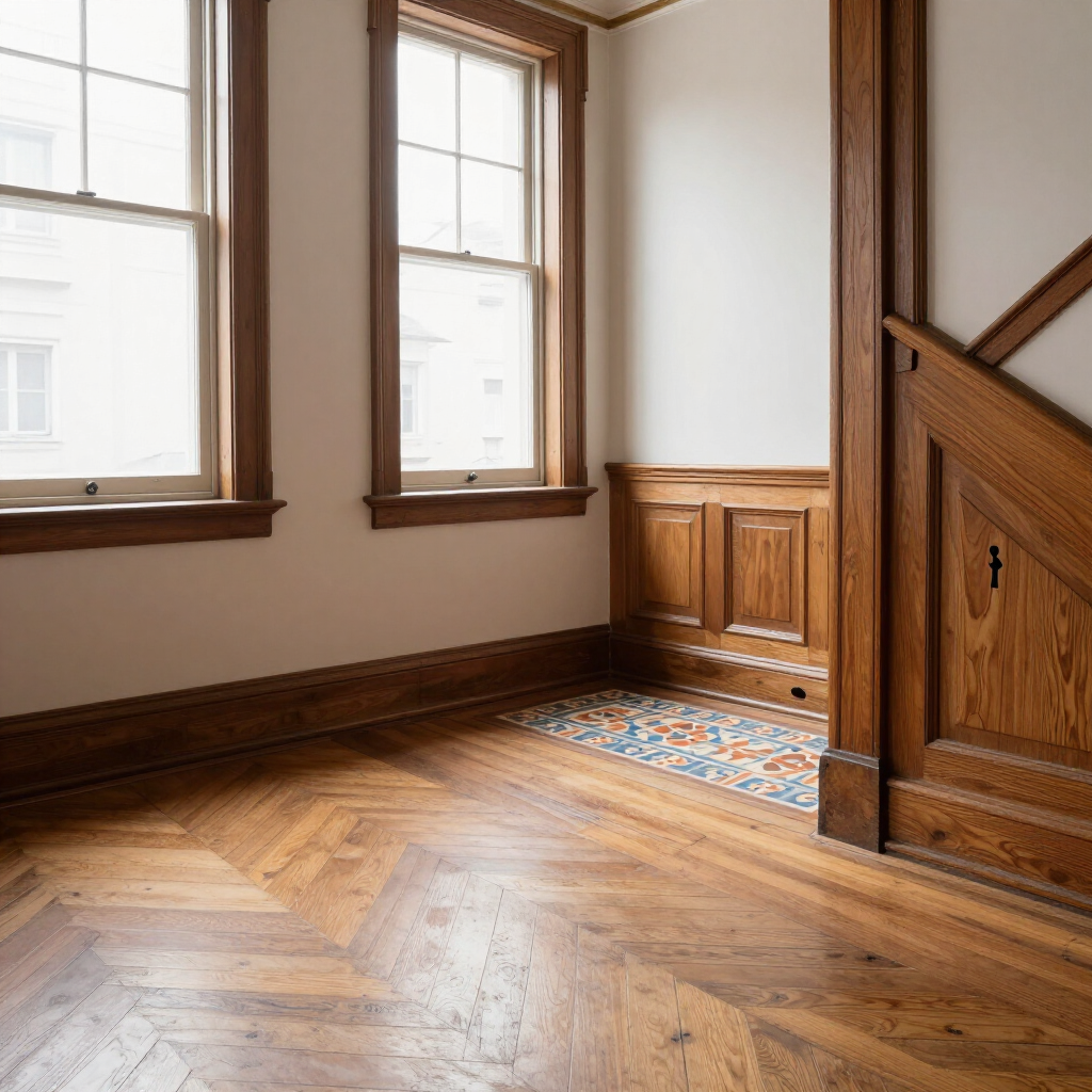 Empty wood-floored room with two windows, warm wood trim, and a carved staircase railing.