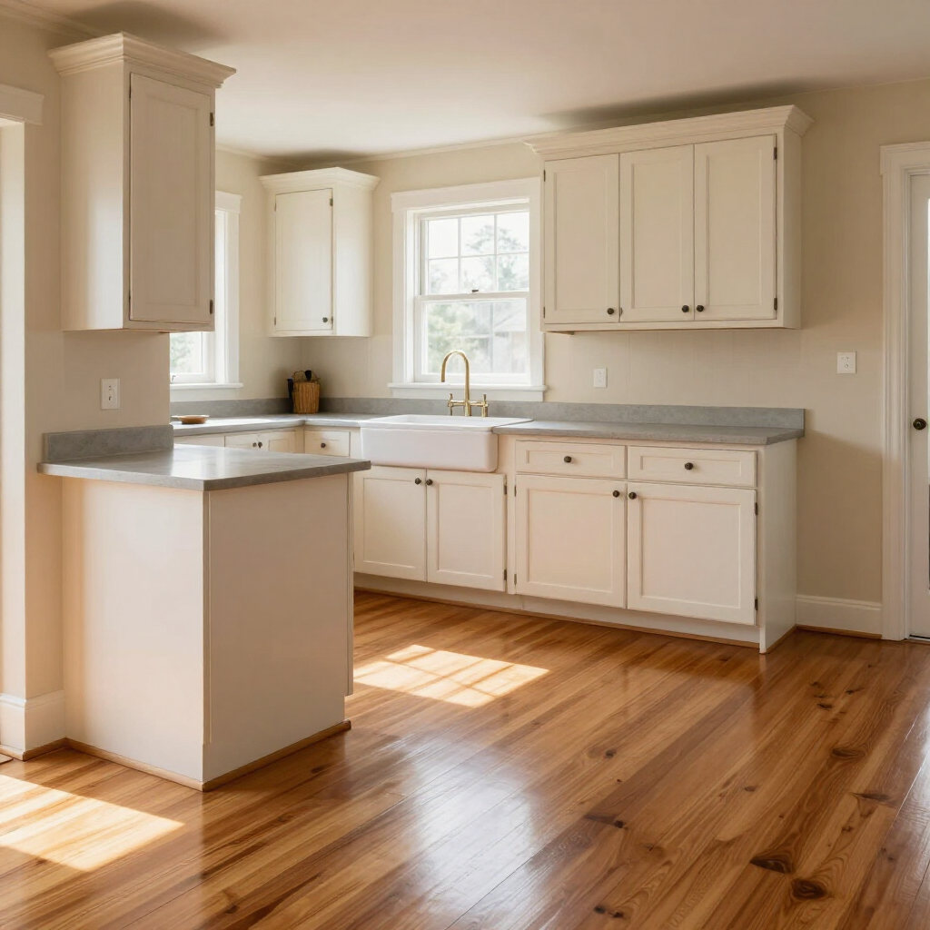 Bright empty kitchen with white cabinets, gray countertops, and sunlight on hardwood floors