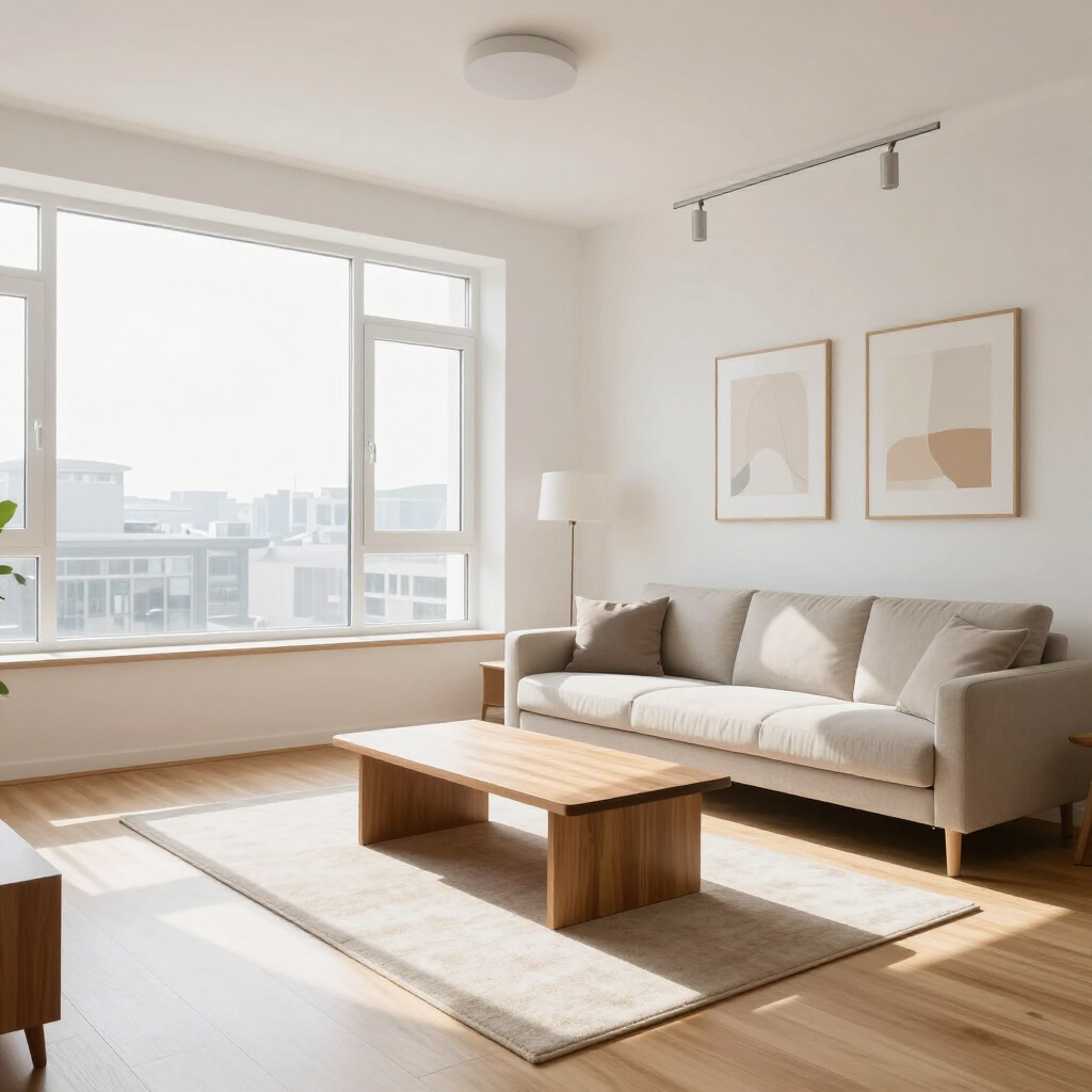 Bright living room with beige sofa, wooden coffee table, large window, and minimalist wall art.