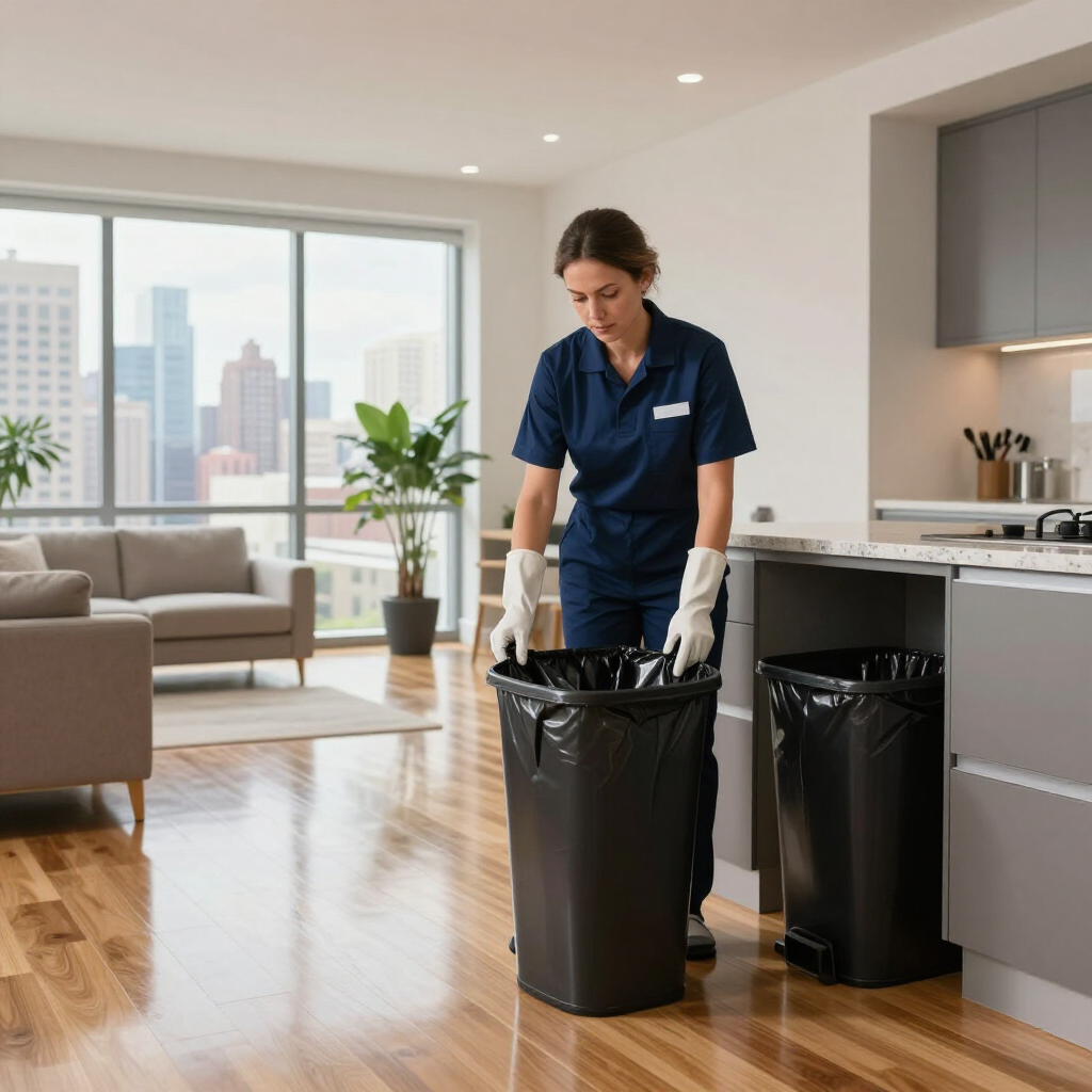 Janitor emptying a black trash bin in a bright modern office kitchen with city view
