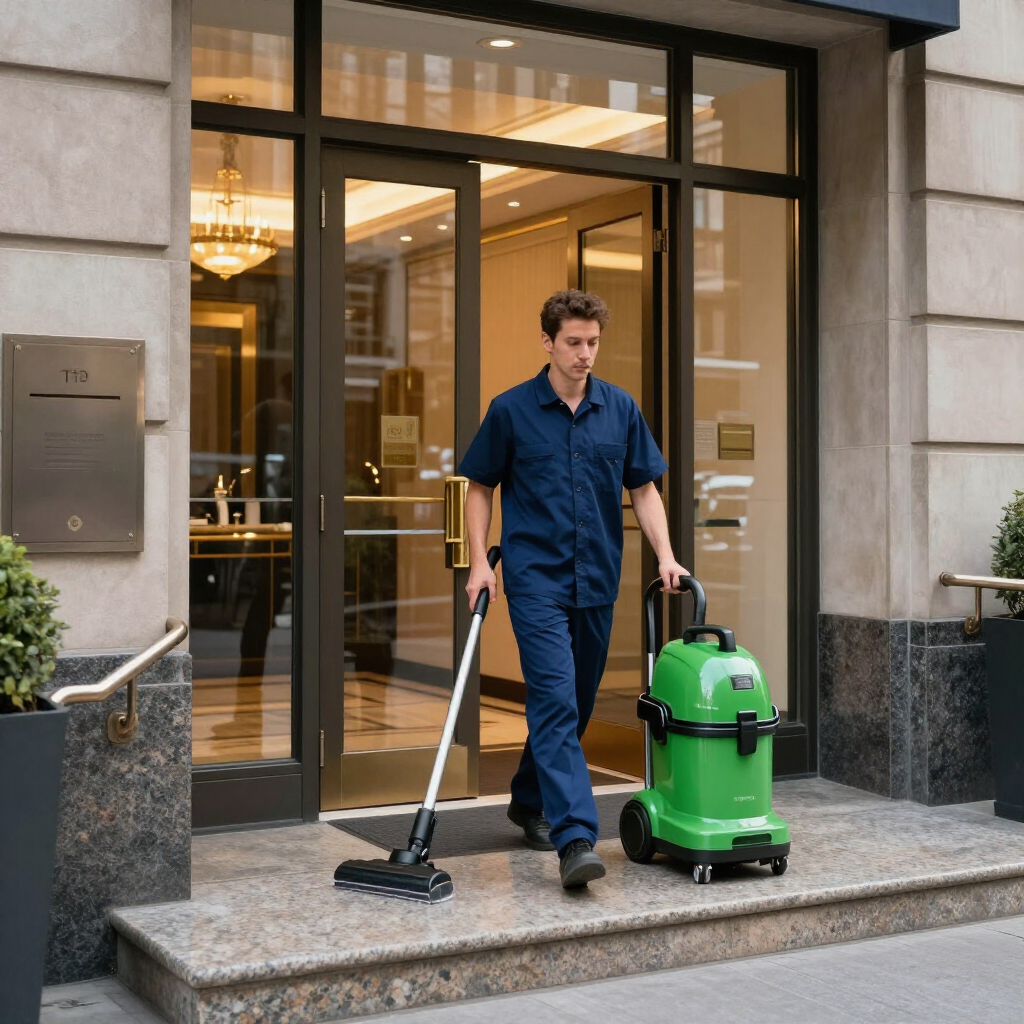 Cleaner with vacuum and green floor machine outside a building entrance