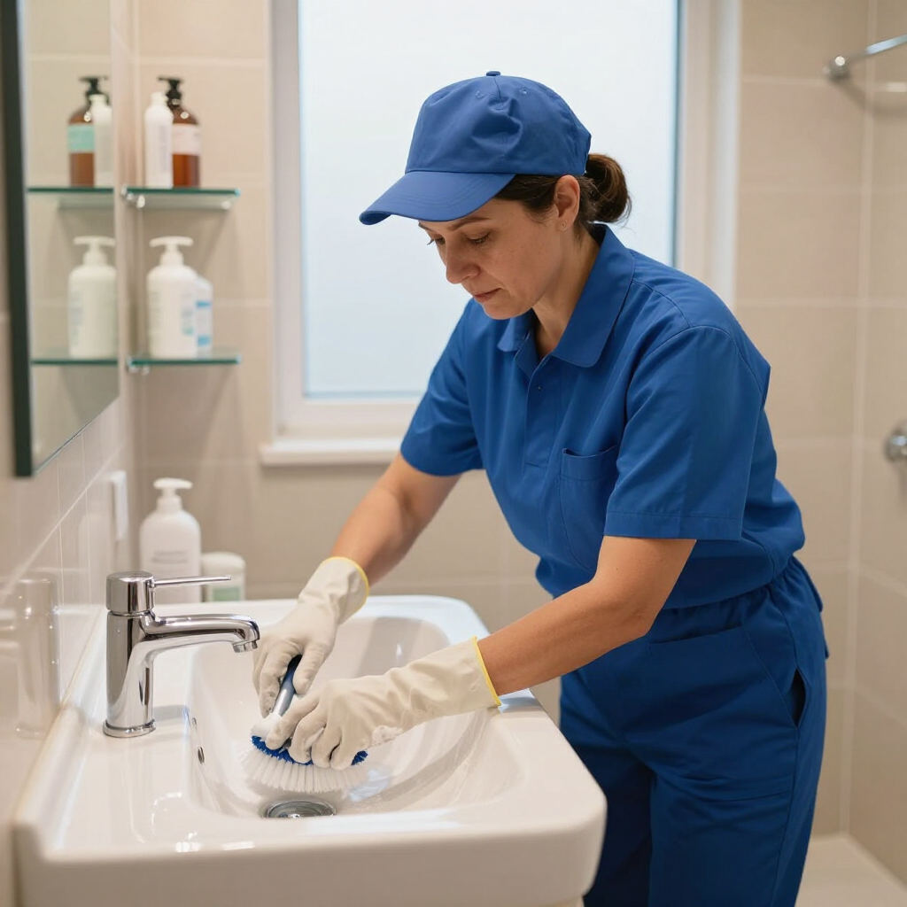 Janitor in blue uniform cleaning a white bathroom sink with gloves.