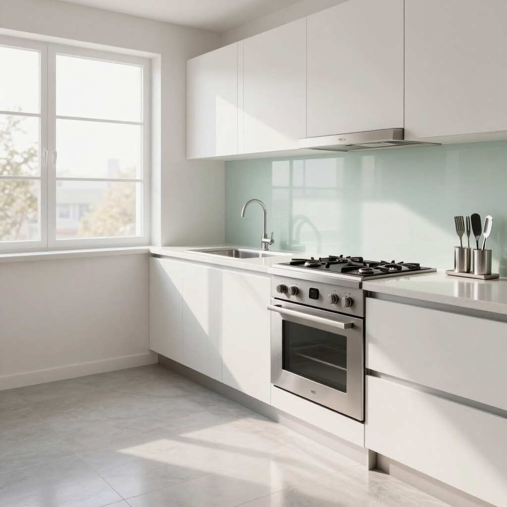 Bright modern white kitchen with large window, gas stove, stainless oven, and pale green backsplash