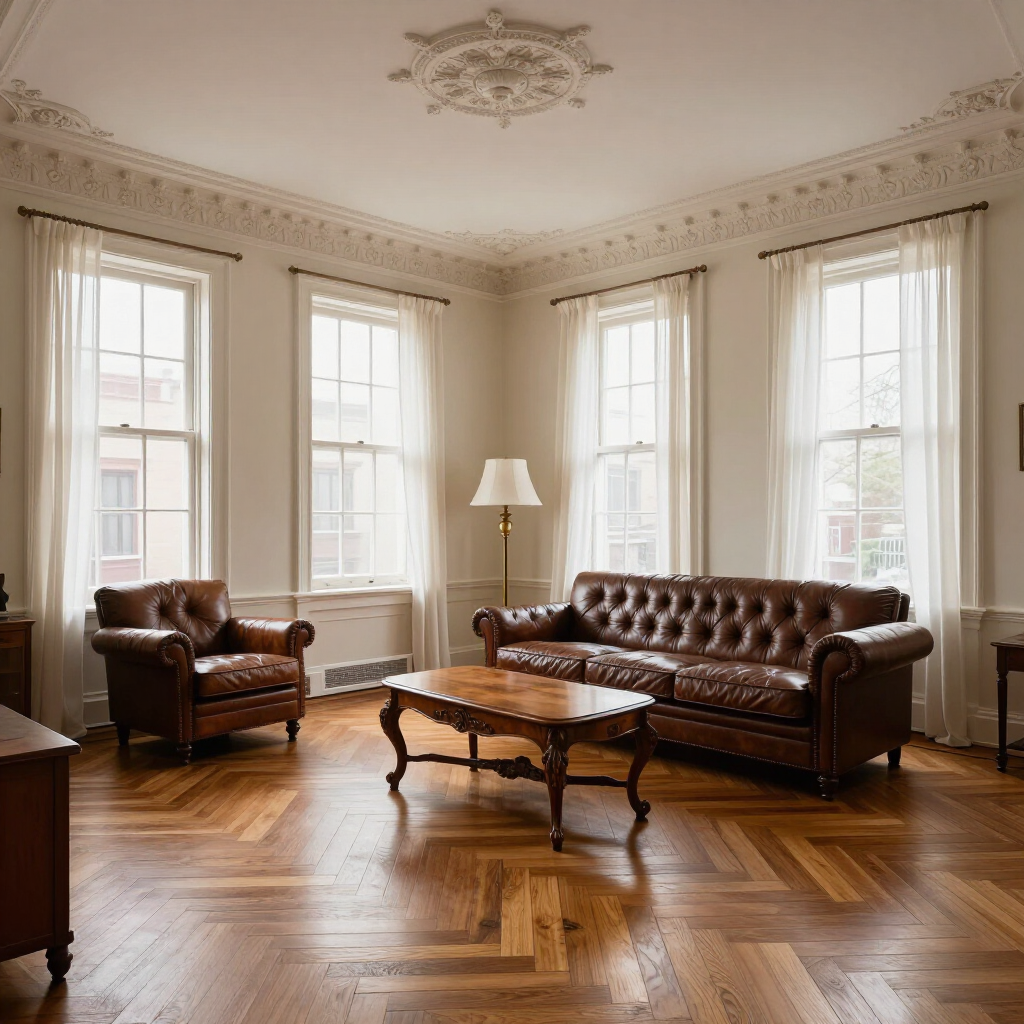Elegant living room with brown leather sofa, armchair, coffee table, and tall windows on herringbone wood floor