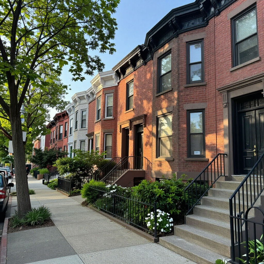 Row of brick townhouses with black stoops and leafy sidewalk in a sunny neighborhood