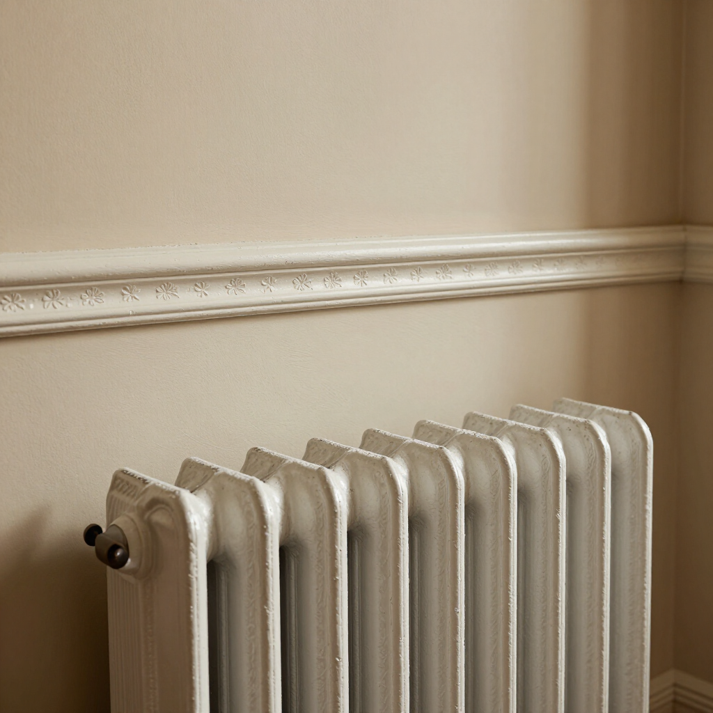 Cream-colored radiator against a beige wall with white decorative trim